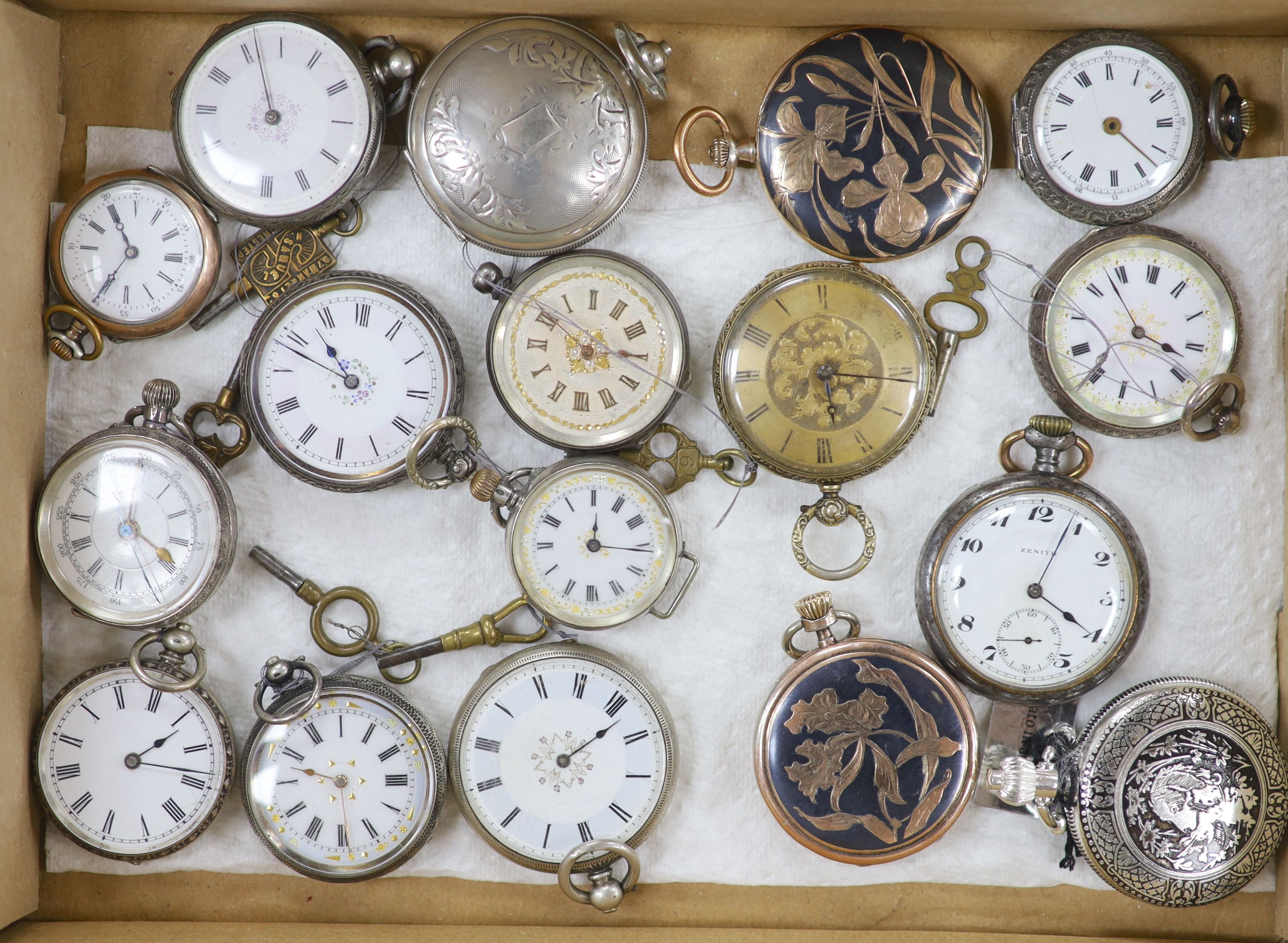 A collection of seventeen assorted, mainly lady’s white and base metal pocket watches, including Zenith.